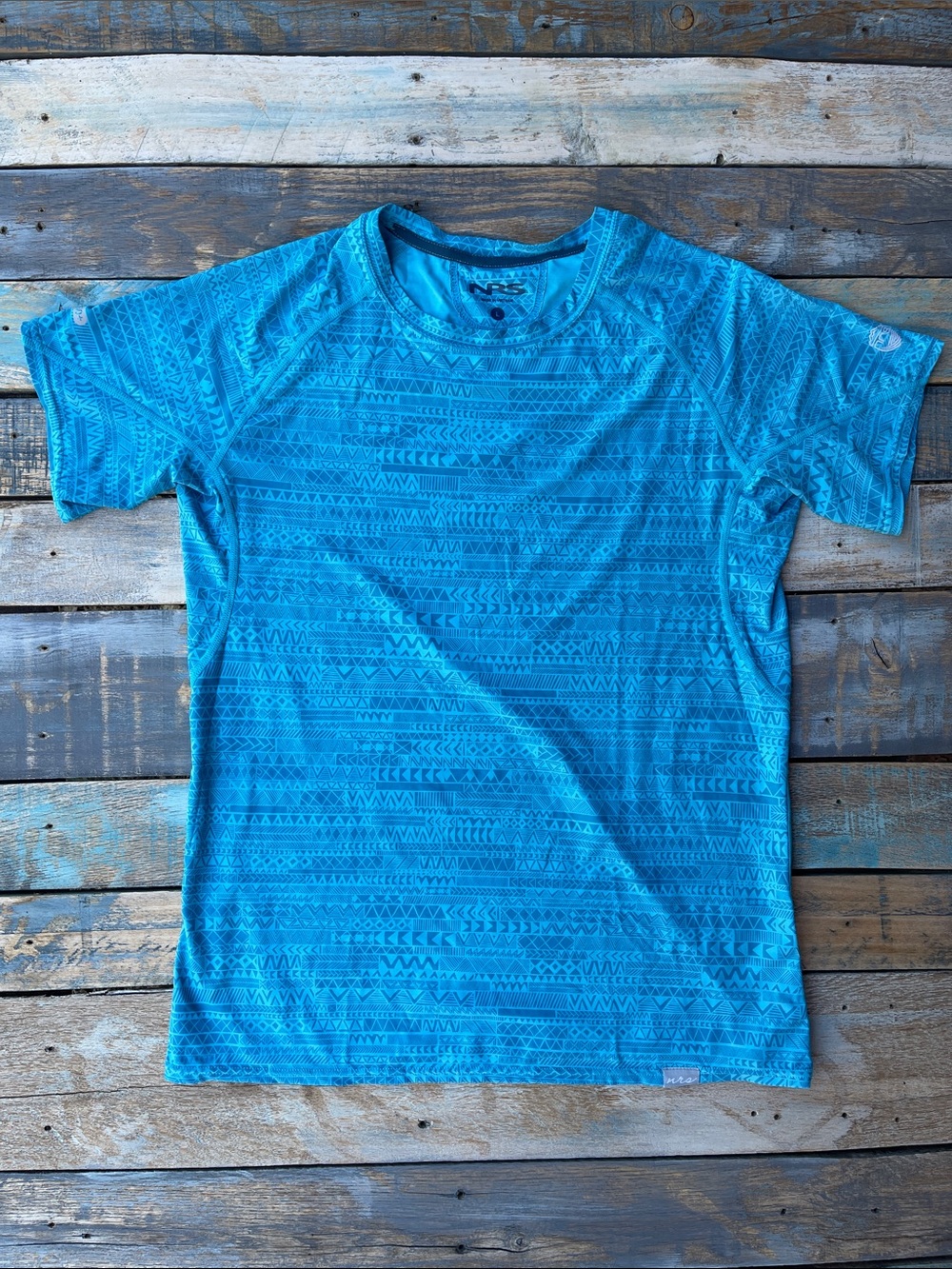 NRS Rashguard Shirt Mens Large Blue Geo Print UPF 50+ Sun Protection Swim Surf